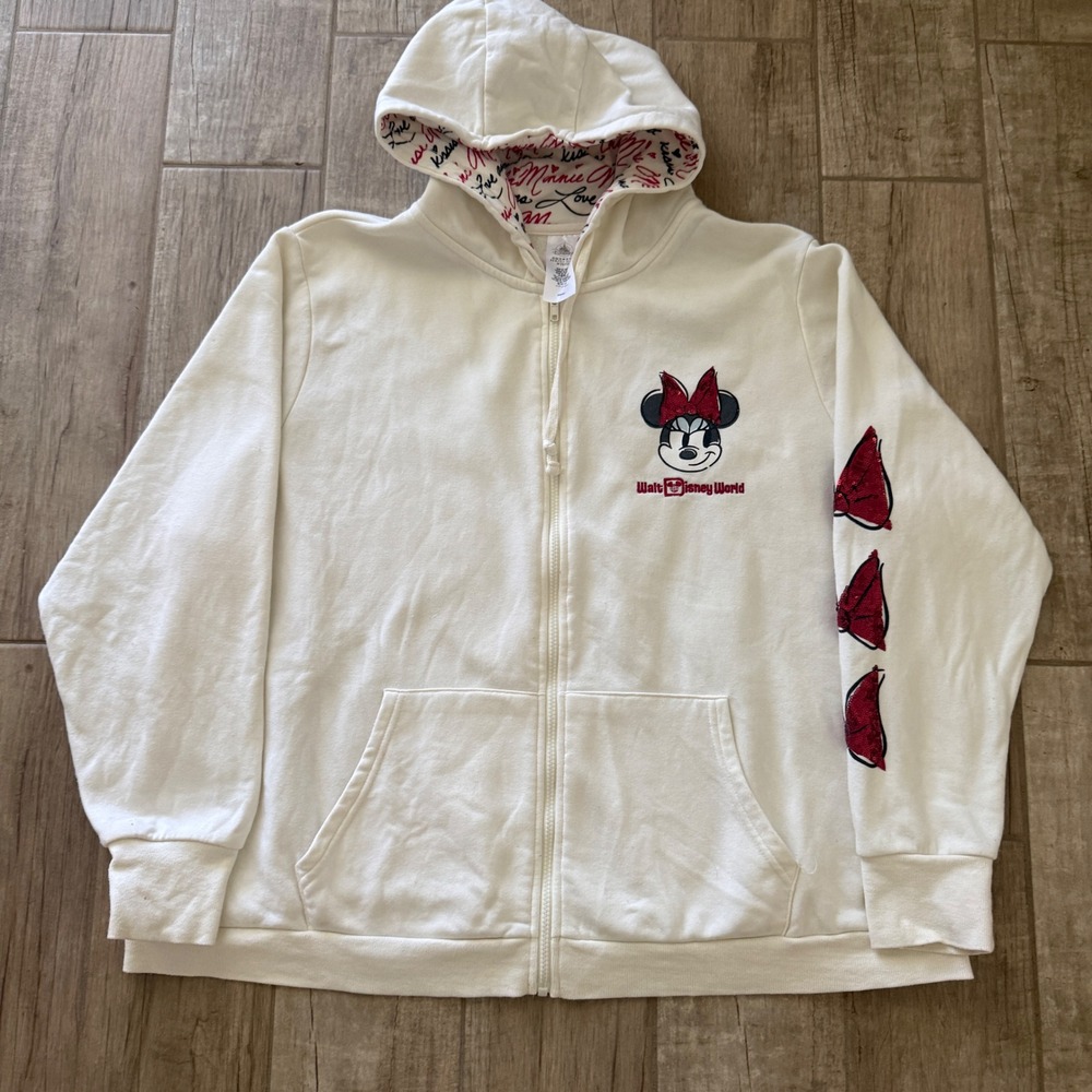 Disney Minnie Mouse Walt Disney World Sequin Bow Full Zip Hoodie Cream 2X‎